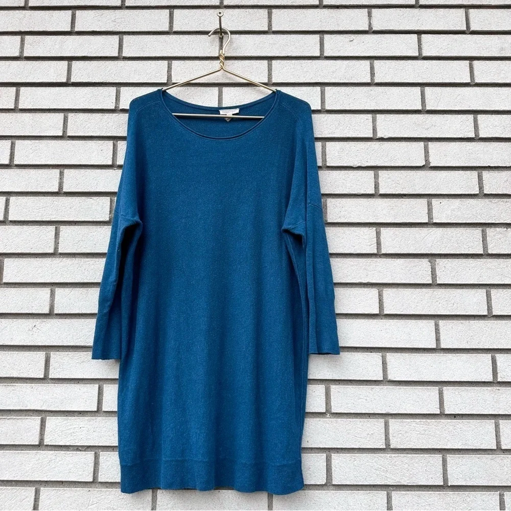 Eileen Fisher Knit Roll Neck Drop Shoulder Tunic Sweater Dark Teal Blue Moon M